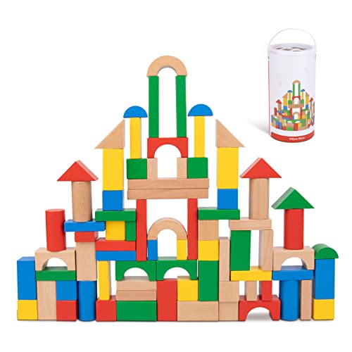 Image of TOOKYLAND 100 Pieces Wooden Building Blocks, Shape Sorting Stacking Toy for Kids with Storage Bucket, Montessori Toys for 1 2 3 Year Old Girls Boys