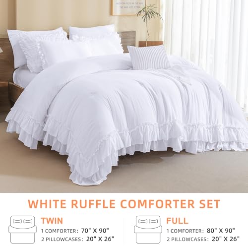 Image of QSH White Ruffled Comforter Twin Size,3PCs Farmhouse Shabby Boho Chic White Bedding Comforter Twin Vintage Lightweight Fluffy Microfiber Bedding Set