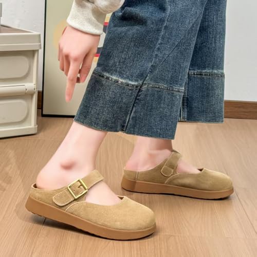 Women's Suede Mary Jane Flats with Buckle Strap, Beige, Comfort Casual Shoes4