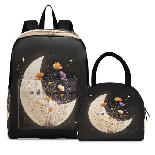 Moon White School Backpacks for Boys & Girls Light Weight Bookbag set with Lunch Box Laptop Bag for Nursery Travel 2 Pcs 16.5 Inch