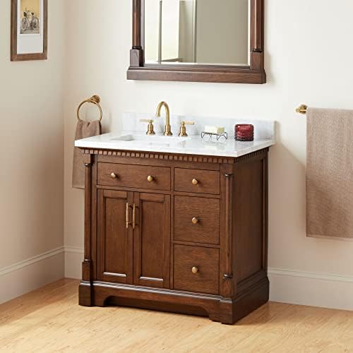 Signature Hardware 484345 Claudia 36" Single Basin Vanity Set with Mahogany Cabinet, Marble Vanity Top and Rectangular Undermount Sink - 8" Faucet Holes