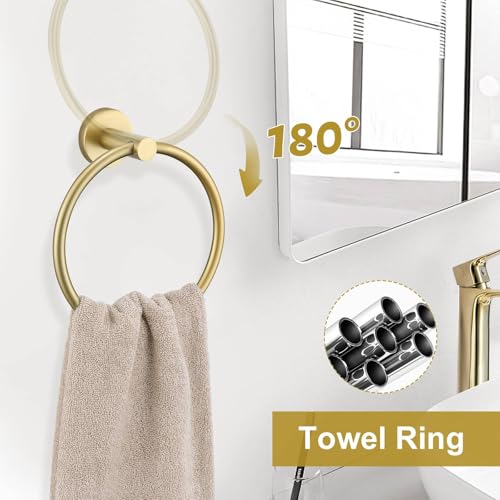 5 Pieces Brushed Gold Round Towel Bar Set Bathroom Hardware Accessories Set Upgraded Toilet Paper Holder Towel Holder Set for Bathroom Stainless Steel Wall Mounted 23.6 in