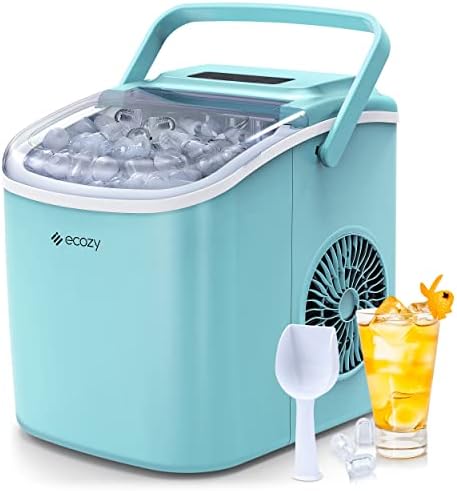 ecozy Portable Ice Maker Countertop, 9 Cubes Ready in 6 Mins, 26 lbs in 24 Hours, Self-Cleaning Ice Maker Machine with Ice Bags/Standing Ice Scoop/Ice Basket for Kitchen Office Bar Party, Aqua