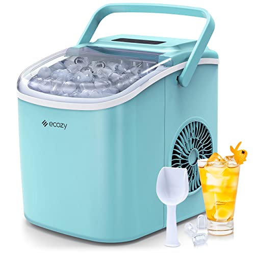 ecozy Portable Ice Maker Countertop, 9 Cubes Ready in 6 Mins, 26 lbs in 24 Hours, Self-Cleaning Ice Maker Machine with Ice Bags Standing Ice Scoop Ice Basket for Kitchen Office Bar Party, Aqua