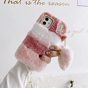 Miagon Plüsch Hülle für iPhone 12, Handyhülle Mädchen Flauschige Schutzhülle Silikon Hülle Faux Pelz Case mit Süße Herz Anhänger, Weiß Rosa