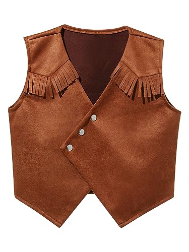 renvena Cowboy Western Suit Vest for Boys Halloween Brown Suede Dressy Waistcoat with Tassels3