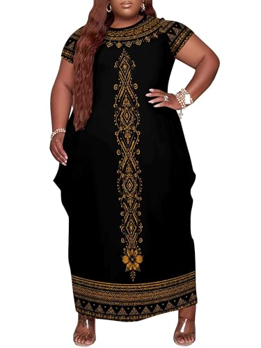 Image of Plus Size Maxi Dress for Women Short Sleeve V Neck Casual Loose Sundress with Pockets
