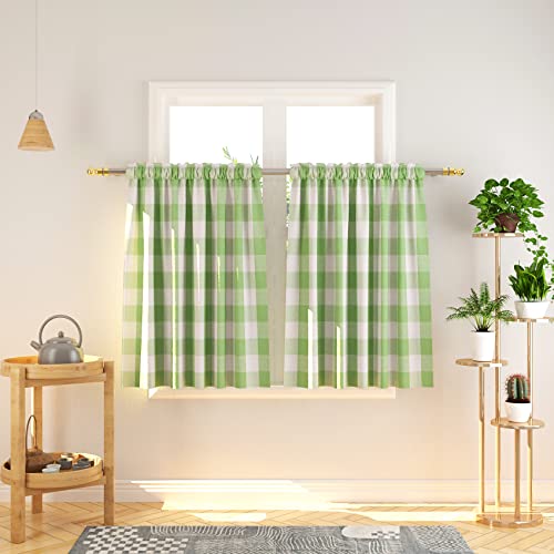 NATUS WEAVER Buffalo Tier Curtains 36 inch Length Plaid Gingham Rod Pocket Short Window Small Kitchen Cafe Curtain Bathroom Window Curtains 2 Panels Green & White
