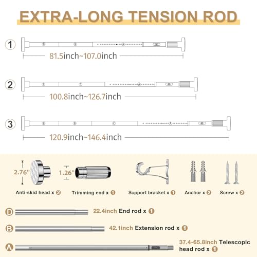 Image of Silver Tension Curtain Rod 41-146In(4-12Ft), Extra Long Outdoor Curtain Rod No Drilling for Window or Patio, Heavy Duty Shower Rod for Bathroom,Rod Diameter 1.26In-One-bond stretching