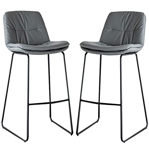 Taburetes de bar tapizados de cuero gris claro con respaldo y reposapiés, sillas de altura para cocina, isla, cafetería, pub, juego de 2, 75 cm de alto