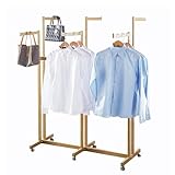 FKKPRVAX Floor Standing Metal Garment Rack - Heavy Retail Display Racks With Wheels, 6 Arms Clothing Rack, Square Tubing Portable Shirt Racks, Merchandise Display For Hanging Clothes (Gold)