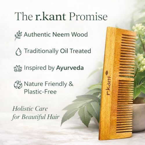 Image of R.Kant Neem Wooden Comb Combo Pack of 2 | Wide Teeth Detangler + Shampoo Comb | Natural Neem Wood | Polished Finish | Scalp Friendly | Men & Women