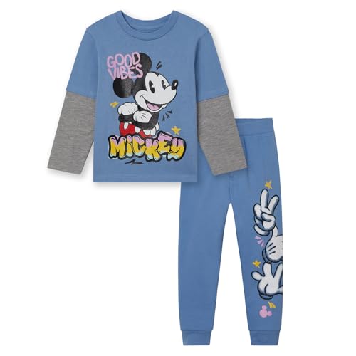 Disney Conjunto de camiseta y pantalones de forro polar para niños pequeños (12 meses - 18-20), Azul/Gris, Mickey Mouse, 3 años