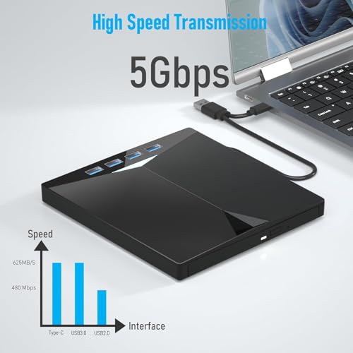 Image of External CD DVD Drive Player, USB 3.0 USB-C Portable CD DVD + /-RW Disk Drive Burner CD-ROM Reader Writer for Laptop Desktop PC (DVD Writer - XD010)