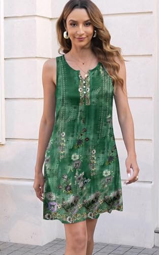 Image of Disamer Womens Summer Dress 2026 Casual Button Down V Neck Sleeveless Boho Floral Beach Sundresses Vacation A-Line Dresses