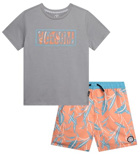 Image of Volcom Baby Boys Swim Set - 2 Piece Short Sleeve Swim Shirt Graphic Tees & Board Shorts - Infant Toddler Little Boys Swimsuit