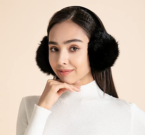 Zlyc Womens Girls Genuine Rabbit Fur Earmuffs Adjustable Ear Warmers, Black #TOP1