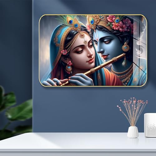 Image of Masstone Radha Krishna Crystal Embedded High Gloss Wall Painting, Golden Slim Frame, 45x30 Cm Wall Art for Living Room, Bedroom, Office & Home Decor (CRG37)