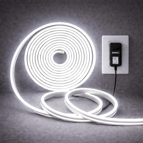 Image of White Neon LED Rope Lights 16.4ft (5 Meter) 600 LEDs - IP65 Waterproof Flexible Silicone Strip with Adapter for Indoor /Outdoor Use