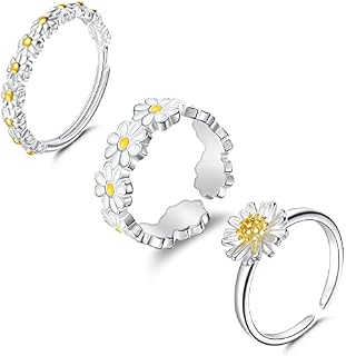 Adjustable Daisy Ring 3 Pcs Open Band Adjustable Rings for Women Men Wedding Anxiety Flower Ring Silver Stacking Rings for Ladies Girls Jewellery Set