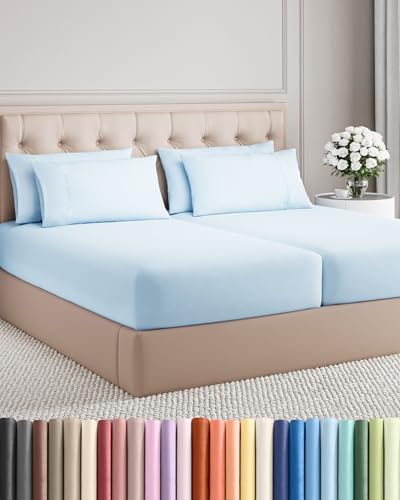 Image of Split King 7 Piece Bed Sheet Set - Comfy, Breathable & Cooling - Baby Blue