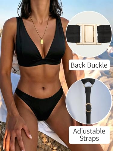Image of Bathing Suits for Women Deep V Neck Sexy Two Piece Bikini Sets for Women Thong Halter Cheeky Swimsuit