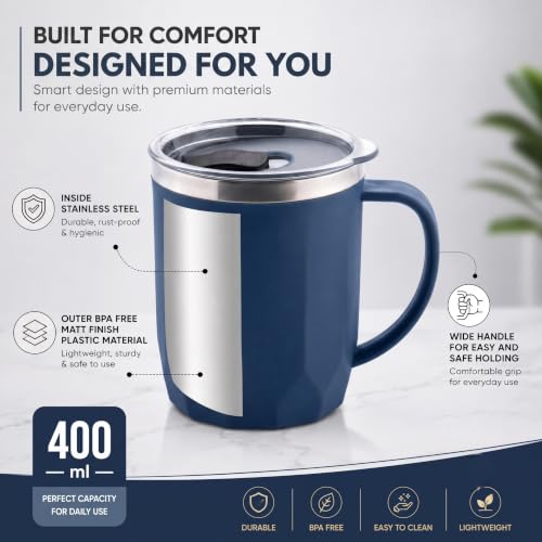 Image of MAGIC SPOON Stainless Steel Travel Coffee Mug with Sipper Lid & Handle, Insulated Tea Cup, BPA-Free Double Wall Tumbler for Hot-Cold Beverages, Office, Home, Car- Pista-Navy, (Combo Pack (400ml X 2))