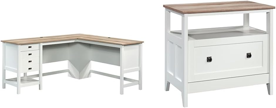 Sauder Cottage Road L-Desk and Sauder August Hill Lateral File, Soft White Finish