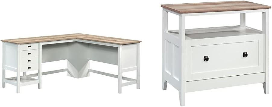 Sauder Cottage Road L-Desk and Sauder August Hill Lateral File, Soft White Finish
