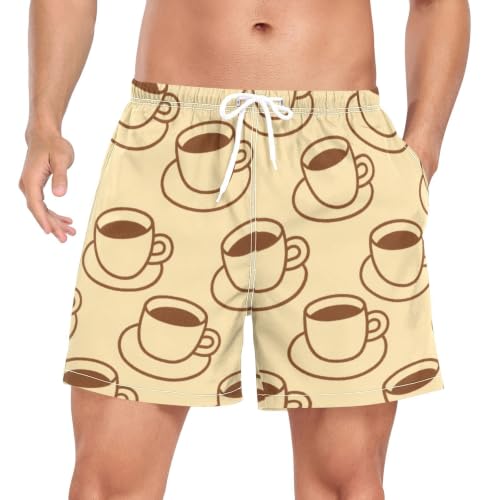 Bañador corto de hombre beige y café con estampado animado de secado rápido
