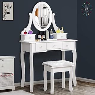 Blisswood Dressing Table With 5 Drawer & Stool Set , Makeup Vanity Table With Oval Mirror , Cosmetic Bedroom Dresser Make Up Desk For Bedroom Furniture ( 80 x 40 x 136 cm )