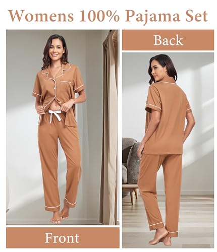Image of CF Womens 100% Cotton Pajamas Set Button Down Pjs Sets Short Sleeve Top & Long Pants Sleepwear Comfy Loungewear with Pockets