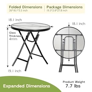 Abba Patio Outdoor Side Table Round Folding Table with Tempered Glass Tabletop Portable Bistro Coffee Table for Yard Balcony Garden Poolside SunroomFrosted Glass