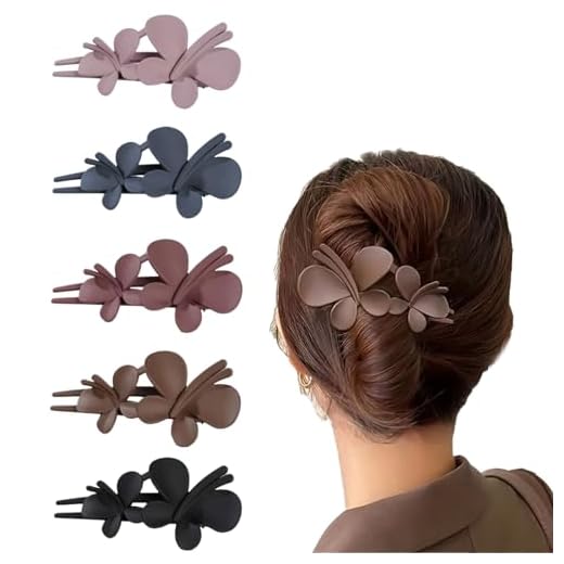 Kryzalite® 5 pinzas para el pelo con diseño de mariposa y pico de pato grande para mujer (café leche, azul grisáceo, lavanda, rosa coreano, rojo rosa)