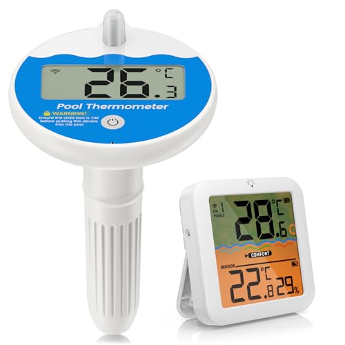 Lomffy Pool Thermometer Funk,IPX68 Wasserdicht Poolthermometer Schwimmend Digital Poolthermometer Schwimmend Funk mit Großem LCD-Display mit Empfänger bis 100M Reichweite für Offene Bereiche für Pools
