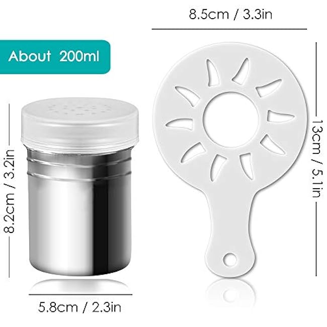 2 Pcs Stainless Steel Dredges and Powdered Shaker with 16 pcs Printing Molds Stencils, SENHAI Salt Pepper Coffee Cocoa Cinnamon Power Can with Hole or Fine-Mesh Lid for Kitchen Baking Cooking