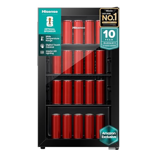 Hisense 122 Liters Chiller Single Door Beverage Cooler 91L Net Drinks Fridge 69 Cans/113 Botlles Capacity Electronic Control & 3 Glass Shelves Black(Amazon Exclusive)