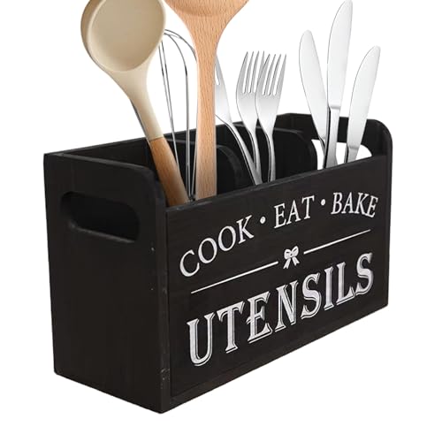 Soporte para utensilios de cocina, organizador de utensilios de madera, 3 compartimentos, diseño de agujero de drenaje, caja de vajilla para pequeños restaurantes comerciales