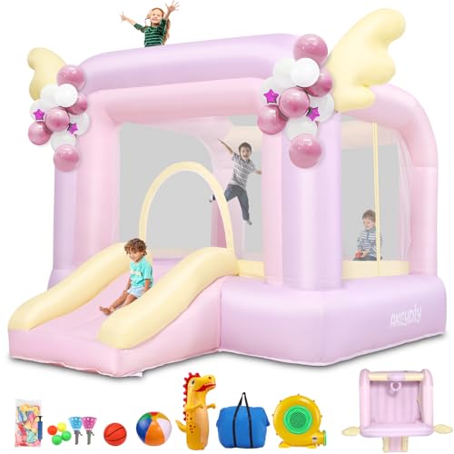 AKEYDIY Inflatable Bounce House for Kids, 106'' x 85'' x 80'' Macaron Jumping House with Slide, Balloons, Catch Ball Set, Punching Bag, Beach Ball, Basketball