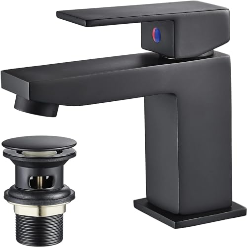 Luckyhome Basin Mixer Tap with Pop up Waste,Washroom Square Single Lever Chrome Brass Mixer Tap(Black)
