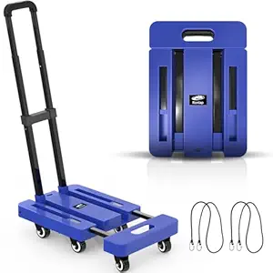 Ronlap Folding Hand Truck, 6 Wheels Fold Up Hand Cart with 2 Elastic Ropes, Portable 500lbs Capacity Heavy Duty Luggage Cart, Utility Dolly Platform Cart for Car House Office Luggage Moving, Blue