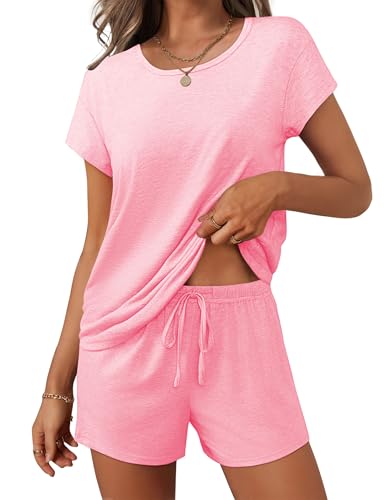 Image of Ekouaer Women 2 Piece Pajamas Set Short Sleeve Comfy Lounge Set Round Neck Tops and Shorts Pjs with Pockets