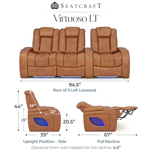 Image of Seatcraft Virtuoso LT Tawny Italian Leather Home Theater Seating, Zero Gravity Power Recliner, Heat and Massage, Powered Headrest and Lumbar Gaming and Home Office Chair, Row of 3 Left Loveseats