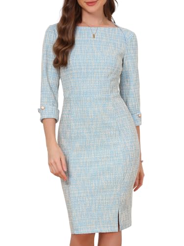 Image of Allegra K Tweed Dress for Women's Boat Neck 3 /4 Sleeve Elegant Work Pencil Sheath Dress