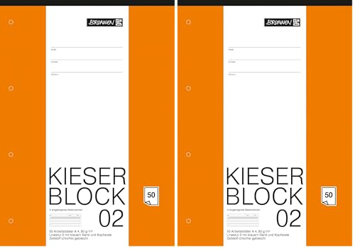 Brunnen KIESER-Block A4, 50 Blatt, 80 g/m², Klasse 2, Lineatur 2, 4-fach gelocht, weiß, Packung mit 2