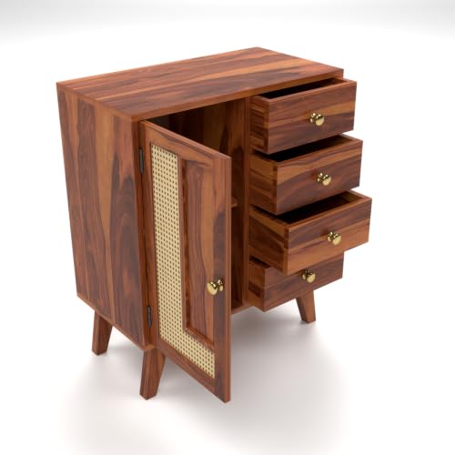 Image of Solid Sheesham Wood Chest of Drawers with Cane Panel | Wooden Storage Cabinet with 4 Drawers & 1 Door