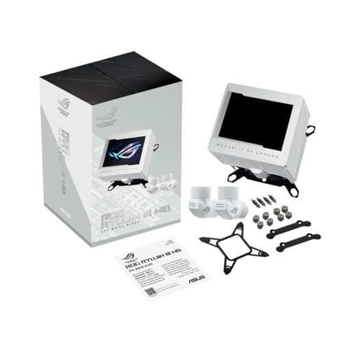 ASUS ROG Ryujin III WB White LCD Bloc d'eau pour processeur (Asetek avec 178 micro-lamelles de refroidissement et plaque de refroidissement en alliage de cuivre, écran LCD 3,5", ventilateur VRM