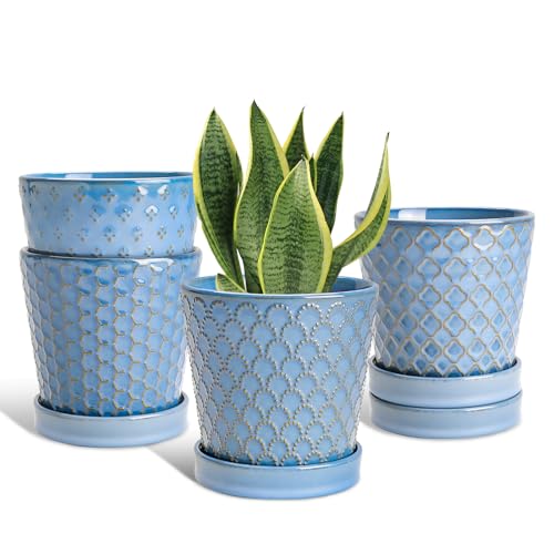 EFISPSS Plant Pots,5 Inch Pots for Indoor Plants,Planters with Drainage Hole and Saucer, Ceramic Flower Pots Desktop Office Windowsill Decoration Gift Set of 4 - Sky Blue