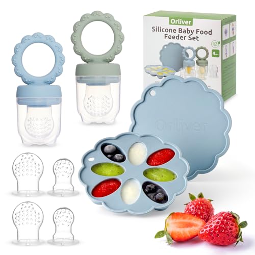 Image of Silicone Baby Fruit Food Feeder Breastmilk Popsicle Molds Set, Baby Food Freezer Tray for Cooling Teething Relief, Food Feeder for Safe Infant Self Feeding, Includes 6 Extra Food Pacifier