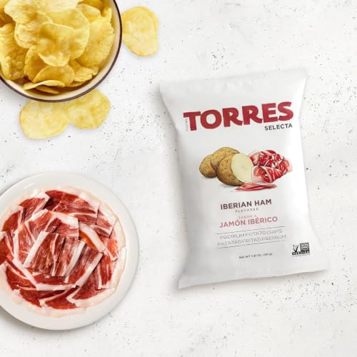 Image of TORRES Selecta Iberian Ham Gourmet Potato Chips - Snack Size Small Batch Artisan Kettle Chips - 1.41 oz. (Pack of 12)